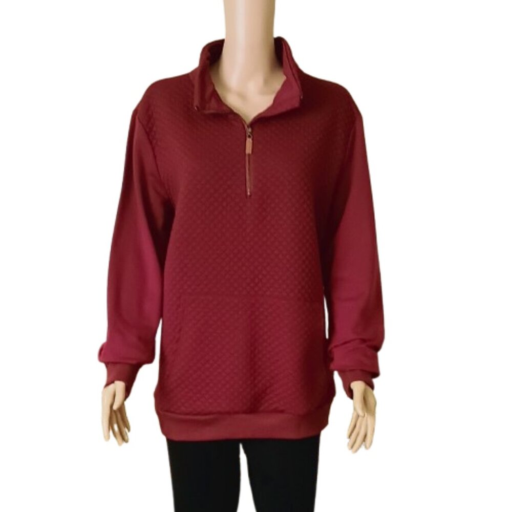 Ecowish Women's Quarter Zip Pullover XL Wine Long Sleeve Kangaroo Pocket Top
